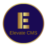 Elevate CMS logs. A gold circle with a large gold E and the words Elevate CMS in gold with a dark blue background within the circle.
