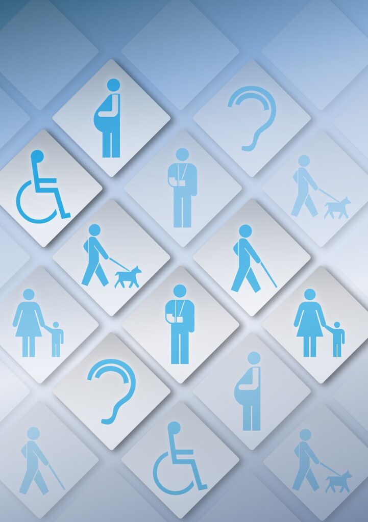 Stylised accessibility and inclusion icons showing wheelchair users, hearing impairment, visual impairment, assistance dogs, and mobility aids arranged in a geometric pattern.