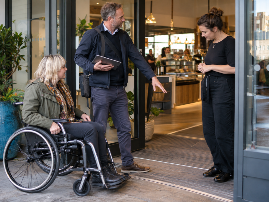 A consultant gestures towards a café entrance while speaking with a wheelchair user and a member of staff.