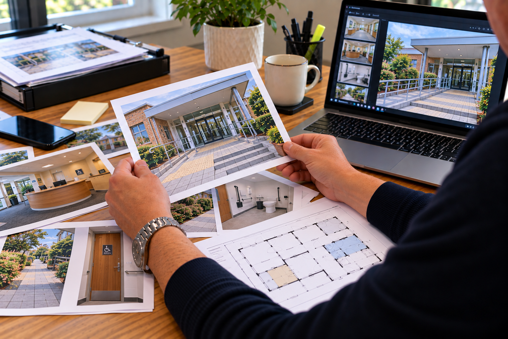 A consultant reviews a photograph of a building entrance alongside site photographs and floor plans spread across a desk.