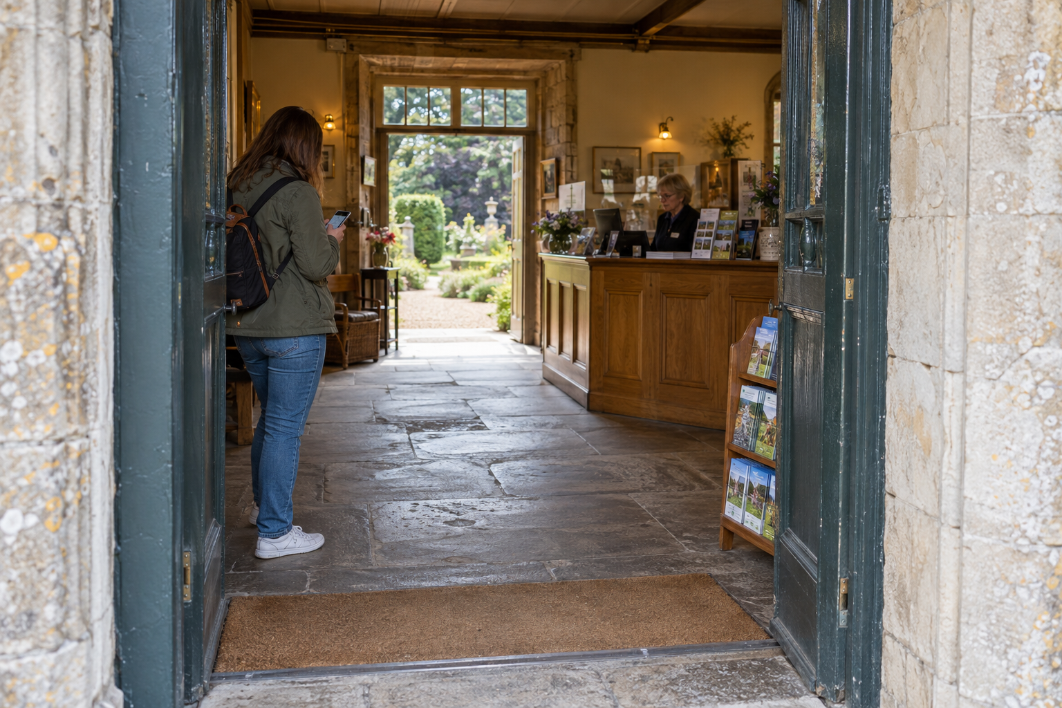 Visitor consulting information on a phone at a heritage attraction entrance