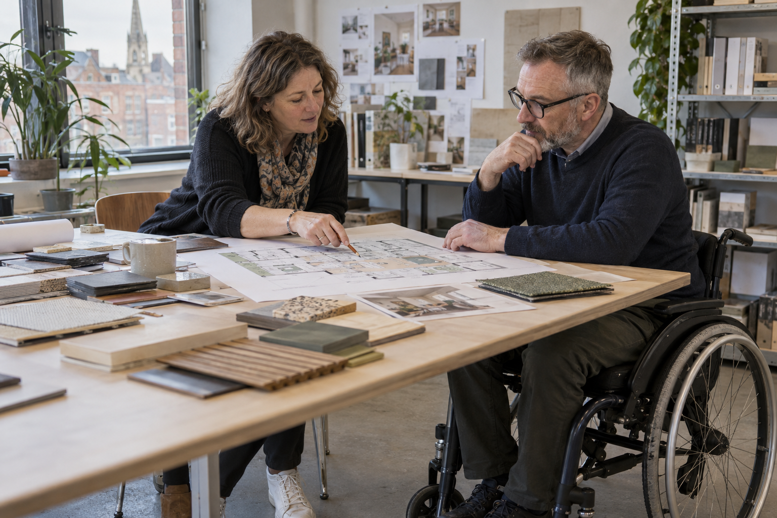 Designer and wheelchair user reviewing interior plans and material samples together.