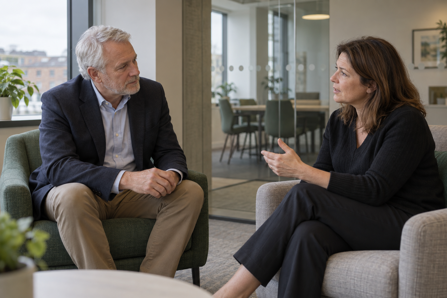 An adviser listening to a client during a professional discussion.